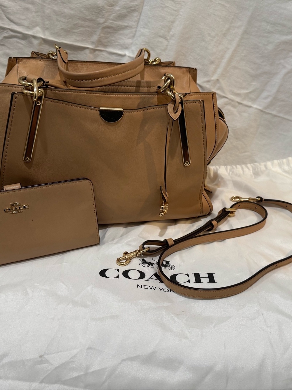 Coach Beige/Tan Leather Tote with Gold Hardware and Removable Strap